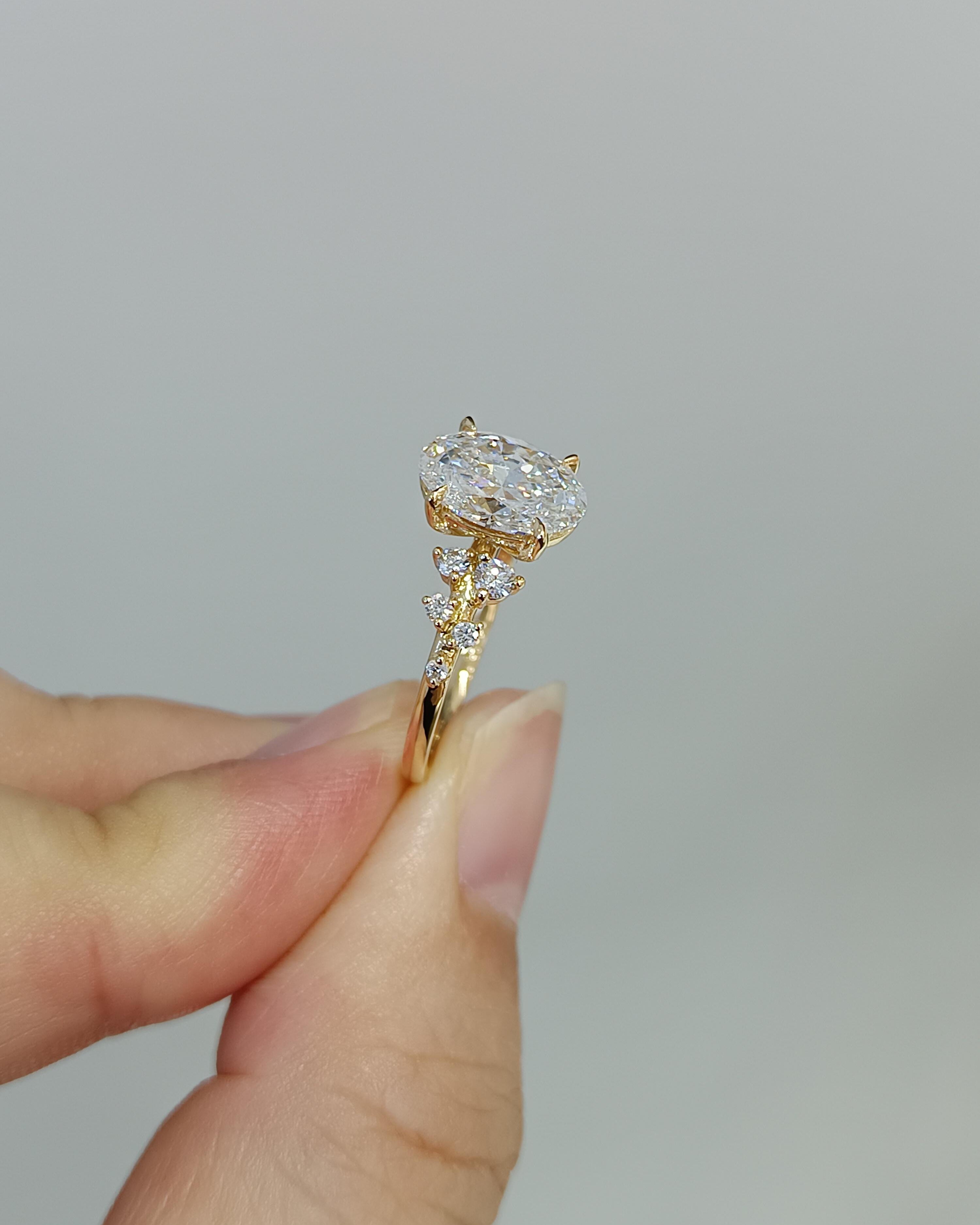 Oval Lab Diamond Ring - Adorned with Small Diamonds, Exquisitely Sparkling