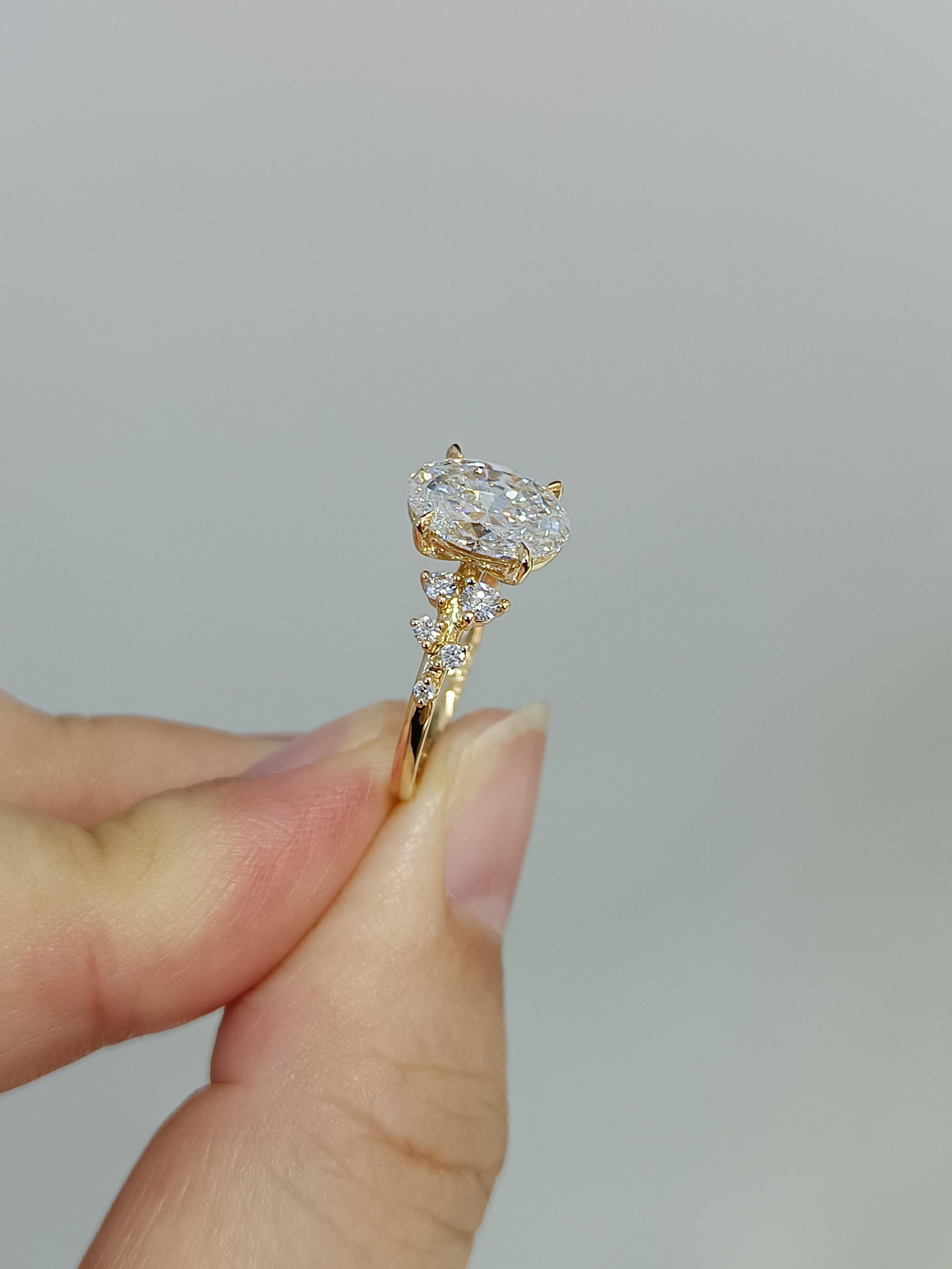 Oval Lab Diamond Ring - Adorned with Small Diamonds, Exquisitely Sparkling