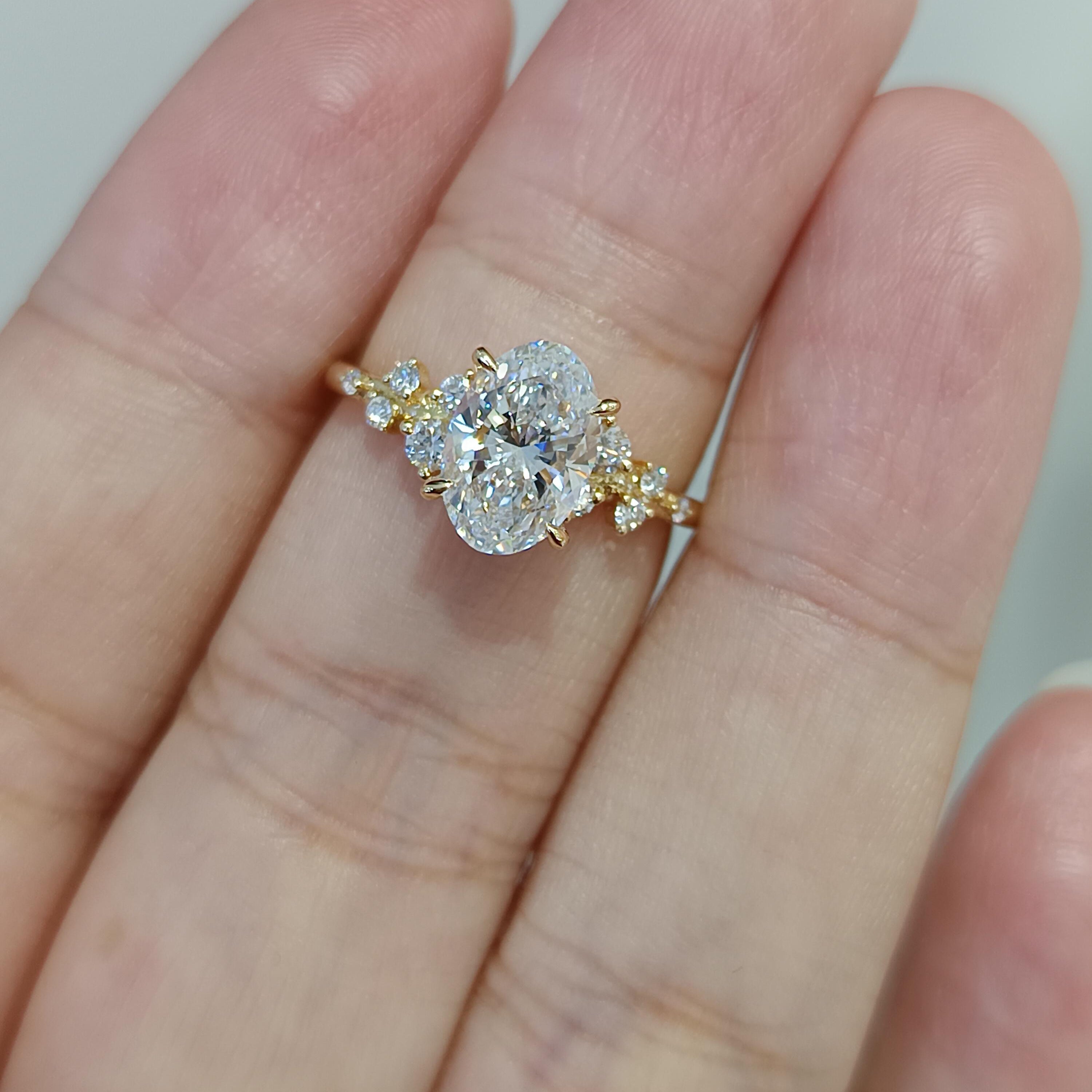 Oval Lab Diamond Ring - Adorned with Small Diamonds, Exquisitely Sparkling