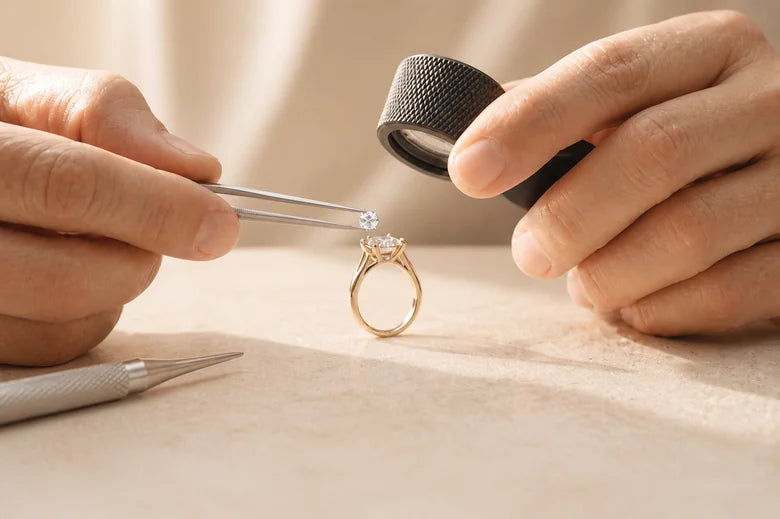 Jeweler setting a lab-grown diamond into an 18K gold ring