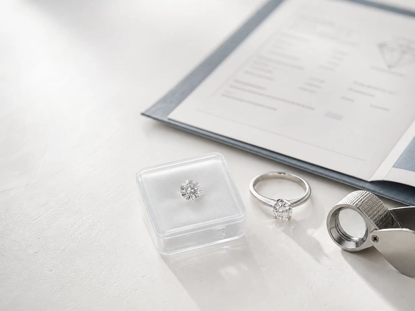 Illustrative diamond documentation review beside a ring
