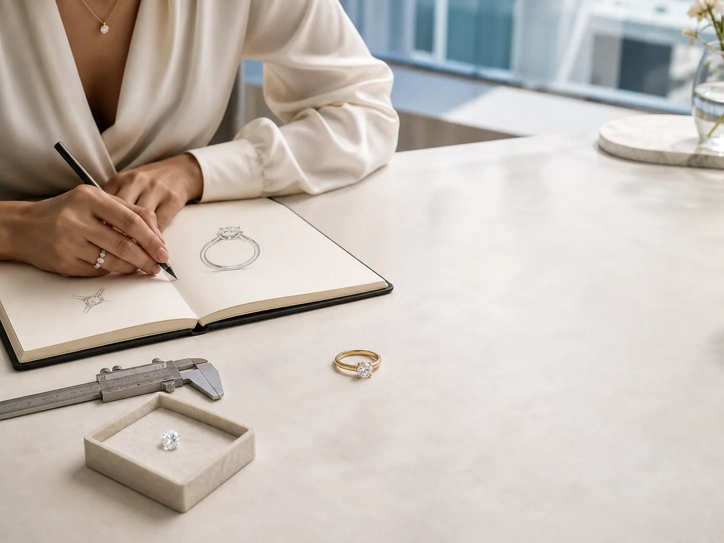 Illustrative founder studio scene showing the design of a diamond ring