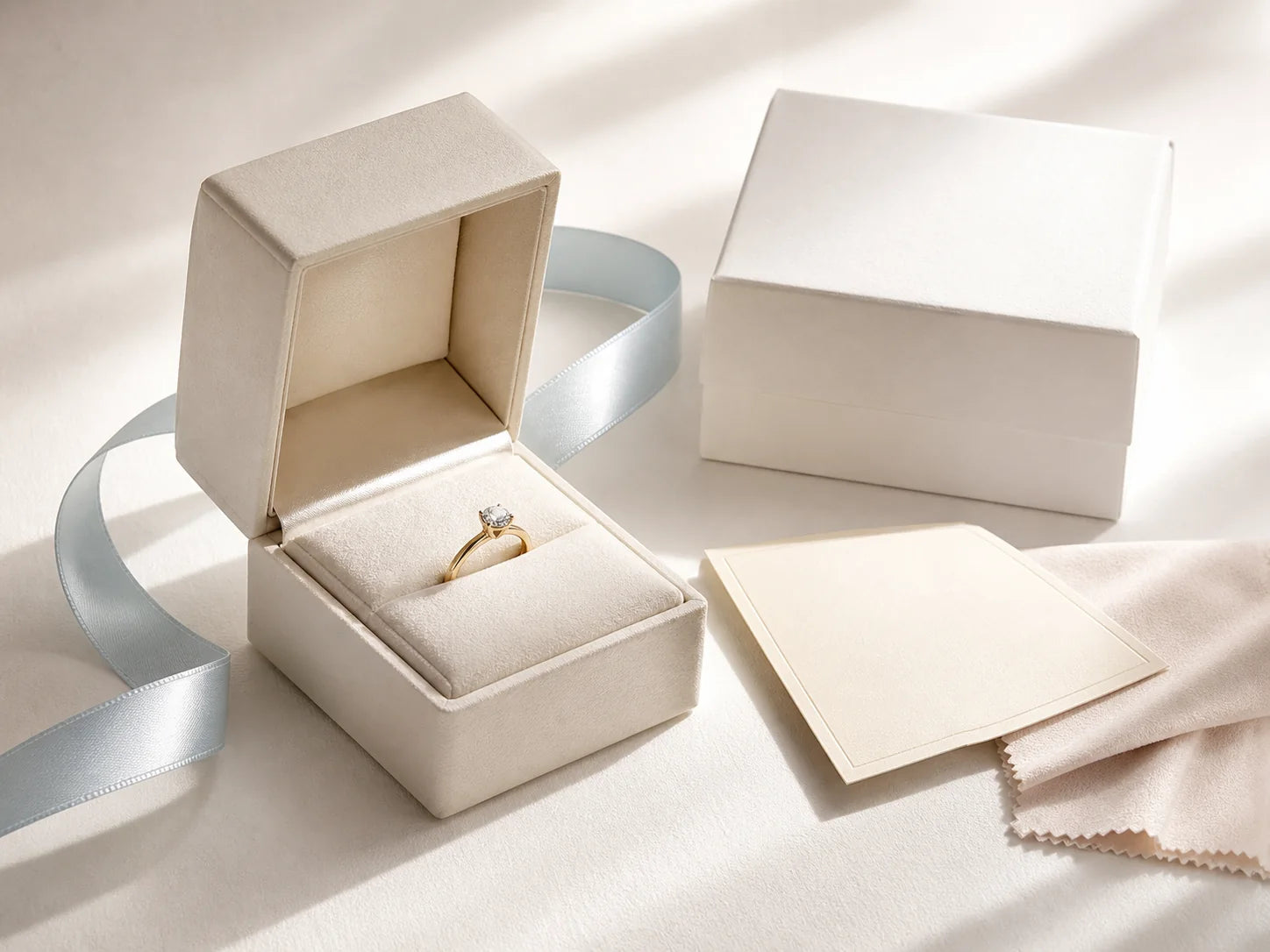 Illustrative luxury ring presentation and packaging scene