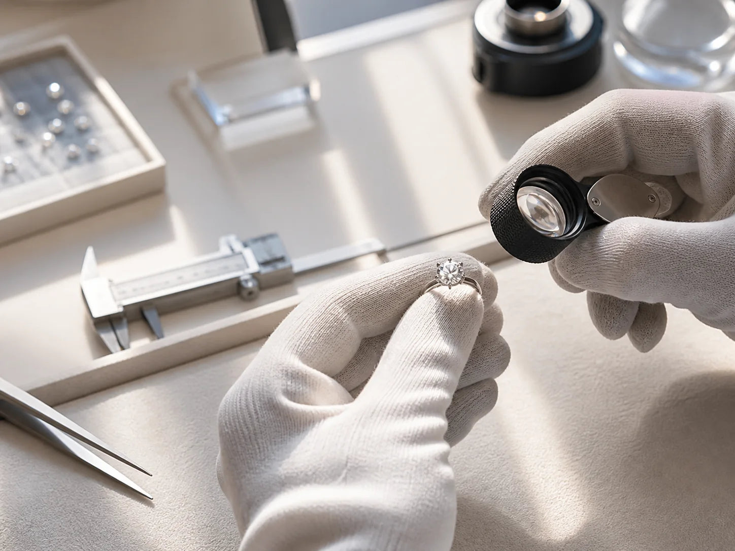 Illustrative quality inspection of a diamond ring with a jeweler loupe